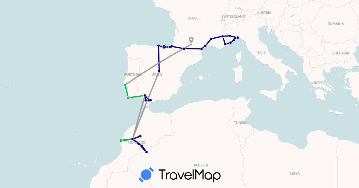TravelMap itinerary: driving, bus, plane in Spain, France, Italy, Morocco, Portugal (Africa, Europe)